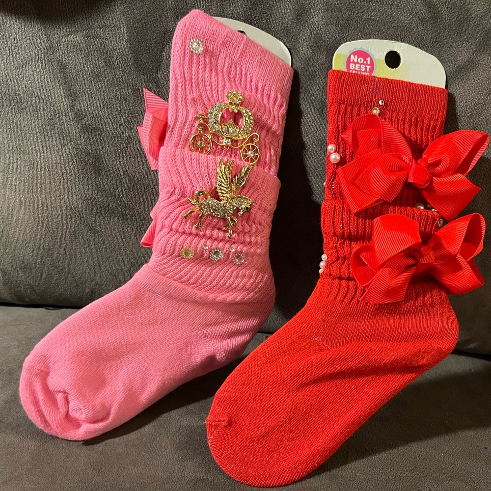 2 pair-Girls' Pink and Red Bow Accent Socks with Charms